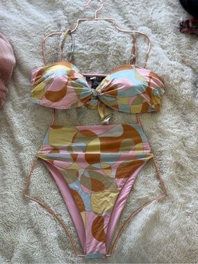 Beach Riot Pink, Yellow, Blue & Brown Abstract High-Waist Bikini